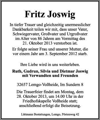 Anzeige  Fritz Joswig  Lippische Landes-Zeitung