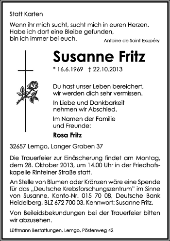 Anzeige  Susanne Fritz  Lippische Landes-Zeitung