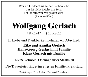 Anzeige  Wolfgang Gerlach  Lippische Landes-Zeitung