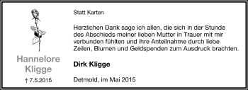 Anzeige  Hannelore Kligge  Lippische Landes-Zeitung