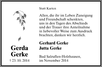 Anzeige  Gerda Gerke  Lippische Landes-Zeitung