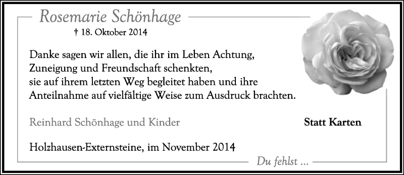  Traueranzeige für Rosemarie Schönhage vom 15.11.2014 aus Lippische Landes-Zeitung