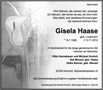 Anzeige  Gisela Haase  Lippische Landes-Zeitung