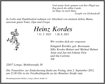 Anzeige  Heinz Kordes  Lippische Landes-Zeitung