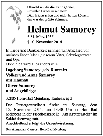 Anzeige  Helmut Samorey  Lippische Landes-Zeitung