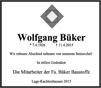 Anzeige  Wolfgang Büker  Lippische Landes-Zeitung