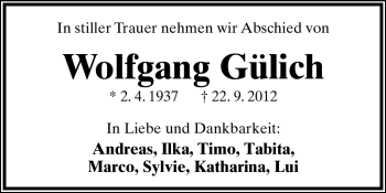 Anzeige  Wolfgang Gülich  Lippische Landes-Zeitung