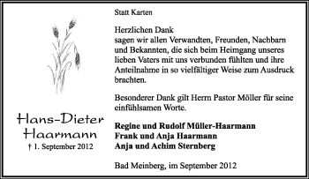 Anzeige  Hans-Dieter Haarmann  Lippische Landes-Zeitung