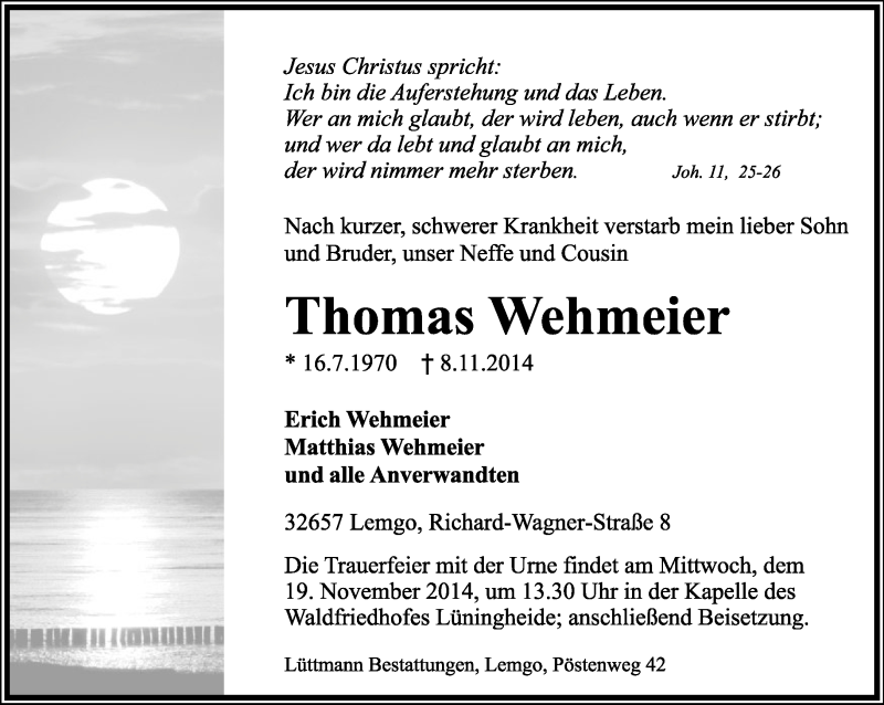  Traueranzeige für Thomas Wehmeier vom 15.11.2014 aus Lippische Landes-Zeitung