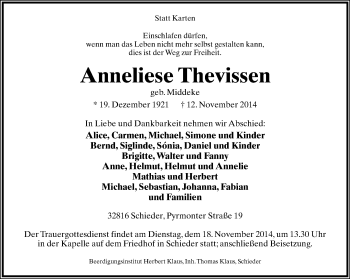 Anzeige  Anneliese Thevissen  Lippische Landes-Zeitung