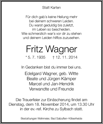 Anzeige  Fritz Wagner  Lippische Landes-Zeitung