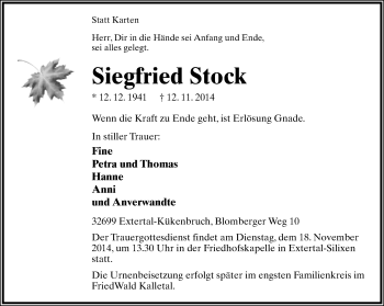 Anzeige  Siegfried Stock  Lippische Landes-Zeitung