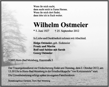 Anzeige  Wilhelm Ostmeier  Lippische Landes-Zeitung