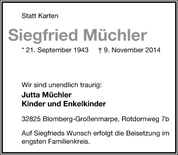 Anzeige  Siegfried Müchler  Lippische Landes-Zeitung