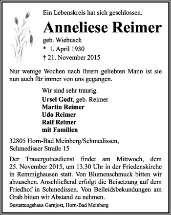 Anzeige  Anneliese Reimer  Lippische Landes-Zeitung