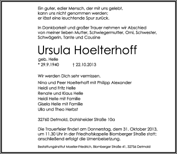 Anzeige  Ursula Hoelterhoff  Lippische Landes-Zeitung
