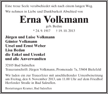 Anzeige  Erna Volkmann  Lippische Landes-Zeitung