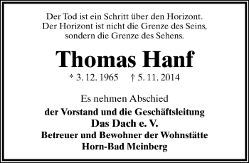 Anzeige  Thomas  Hanf  Lippische Landes-Zeitung