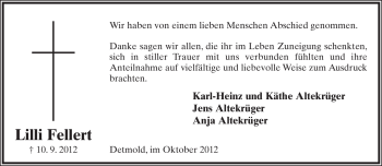 Anzeige  Lilli Fellert  Lippische Landes-Zeitung