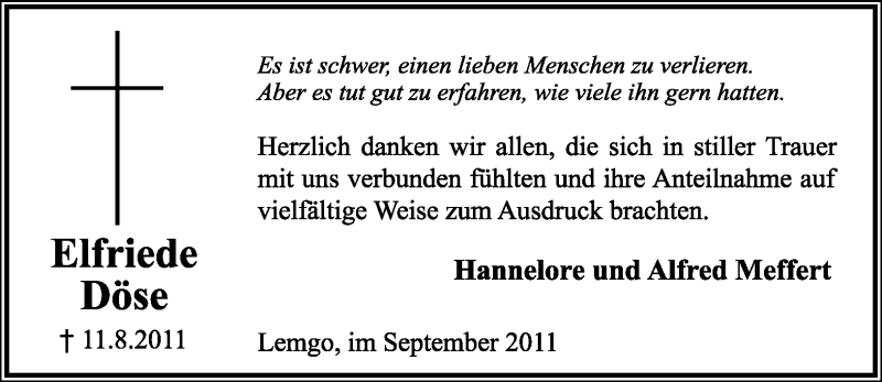 Traueranzeige für Elfriede Döse vom 03.09.2011 aus Lippische Landes-Zeitung