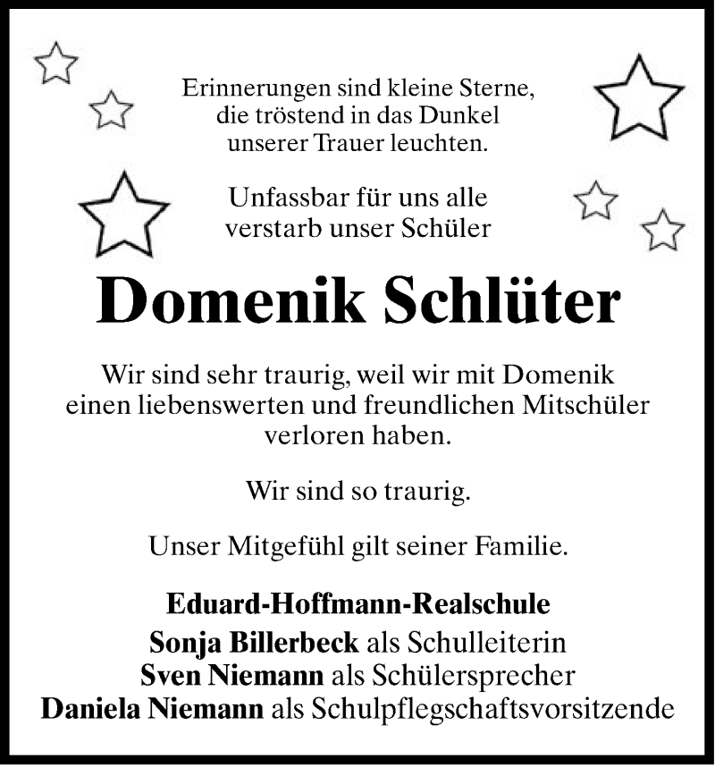  Traueranzeige für Domenik Schlüter vom 15.11.2014 aus Lippische Landes-Zeitung