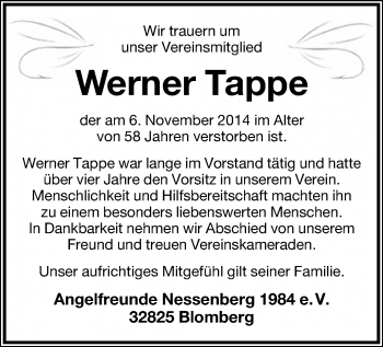 Anzeige  Werner Tappe  Lippische Landes-Zeitung