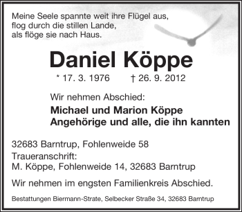 Anzeige  Daniel Köppe  Lippische Landes-Zeitung