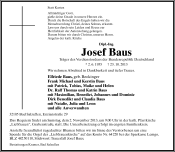 Anzeige  Josef Baus  Lippische Landes-Zeitung