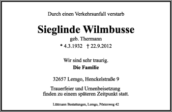 Anzeige  Sieglinde Wilmbusse  Lippische Landes-Zeitung