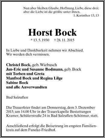 Anzeige  Horst Bock  Lippische Landes-Zeitung