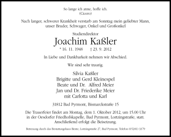 Anzeige  Joachim Kaßler  Lippische Landes-Zeitung