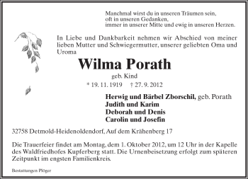 Anzeige  Wilma Porath  Lippische Landes-Zeitung