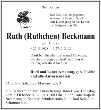Anzeige  Ruth Beckmann  Lippische Landes-Zeitung