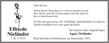 Anzeige  Elfriede Nieländer  Lippische Landes-Zeitung