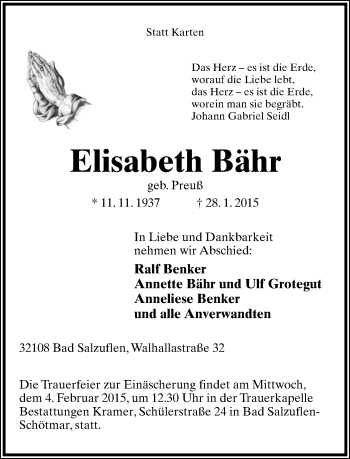 Anzeige  Elisabeth Bähr  Lippische Landes-Zeitung