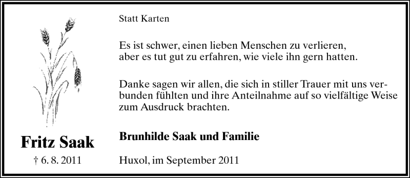  Traueranzeige für Fritz Saak vom 03.09.2011 aus Lippische Landes-Zeitung