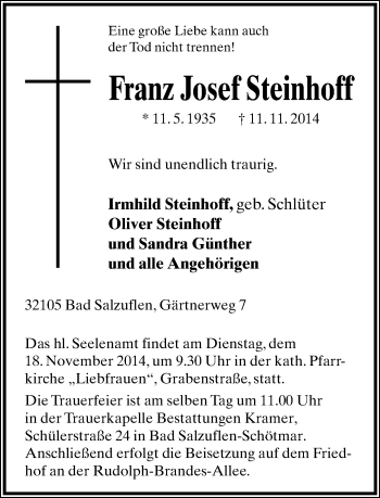 Anzeige  Franz Josef Steinhoff  Lippische Landes-Zeitung