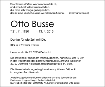 Anzeige  Otto Busse  Lippische Landes-Zeitung