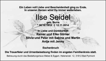 Anzeige  Ilse Seidel  Lippische Landes-Zeitung