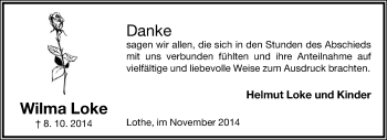 Anzeige  Wilma Loke  Lippische Landes-Zeitung