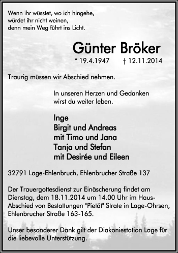 Anzeige  Günter Bröker  Lippische Landes-Zeitung