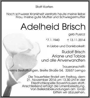 Anzeige  Adelheid Brisch  Lippische Landes-Zeitung