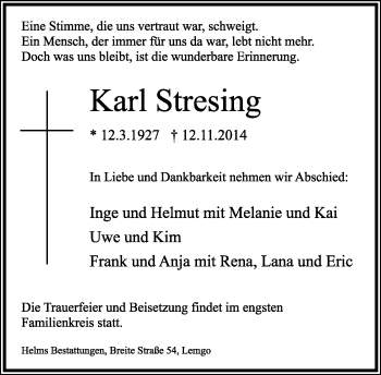 Anzeige  Karl Stresing  Lippische Landes-Zeitung