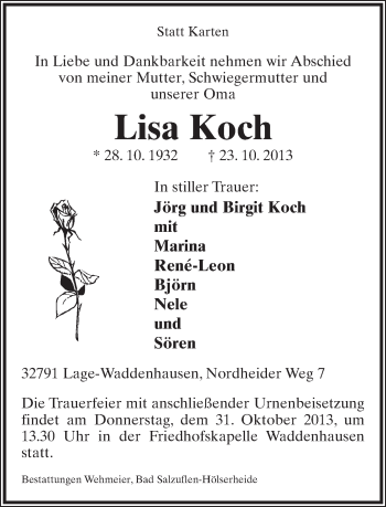 Anzeige  Lisa Koch  Lippische Landes-Zeitung