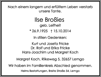 Anzeige  Ilse Broßies  Lippische Landes-Zeitung