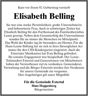 Anzeige  Elisabeth Belling  Lippische Landes-Zeitung