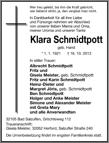 Anzeige  Klara Schmidtpott  Lippische Landes-Zeitung