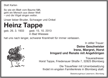 Anzeige  Heinz Tappe  Lippische Landes-Zeitung