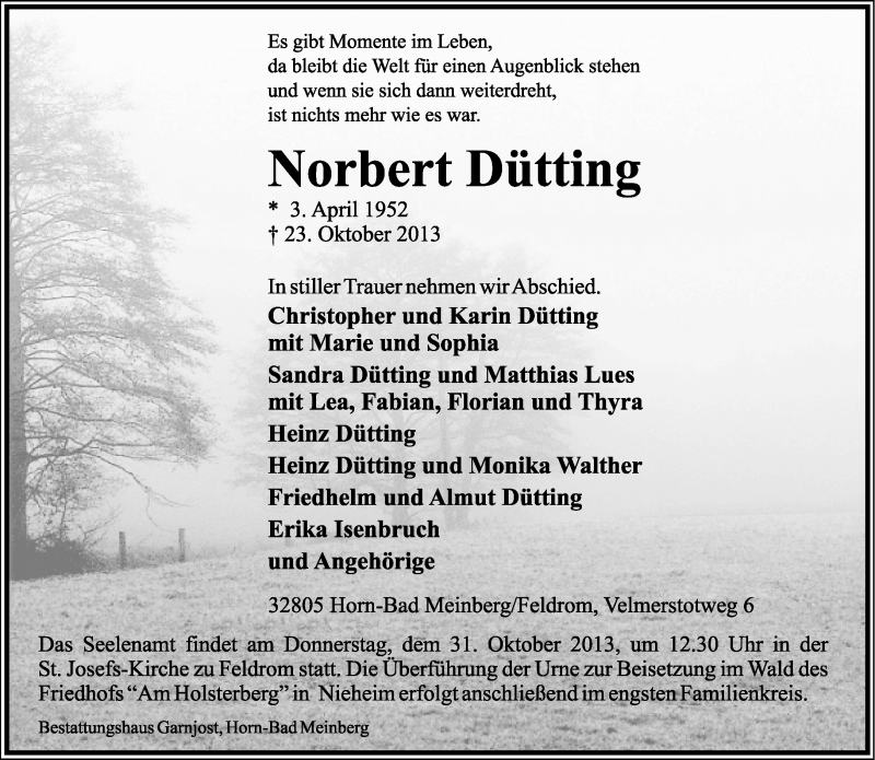  Traueranzeige für Norbert Dütting vom 26.10.2013 aus Lippische Landes-Zeitung