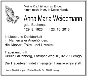 Anzeige  Anna Maria Weidemann  Lippische Landes-Zeitung